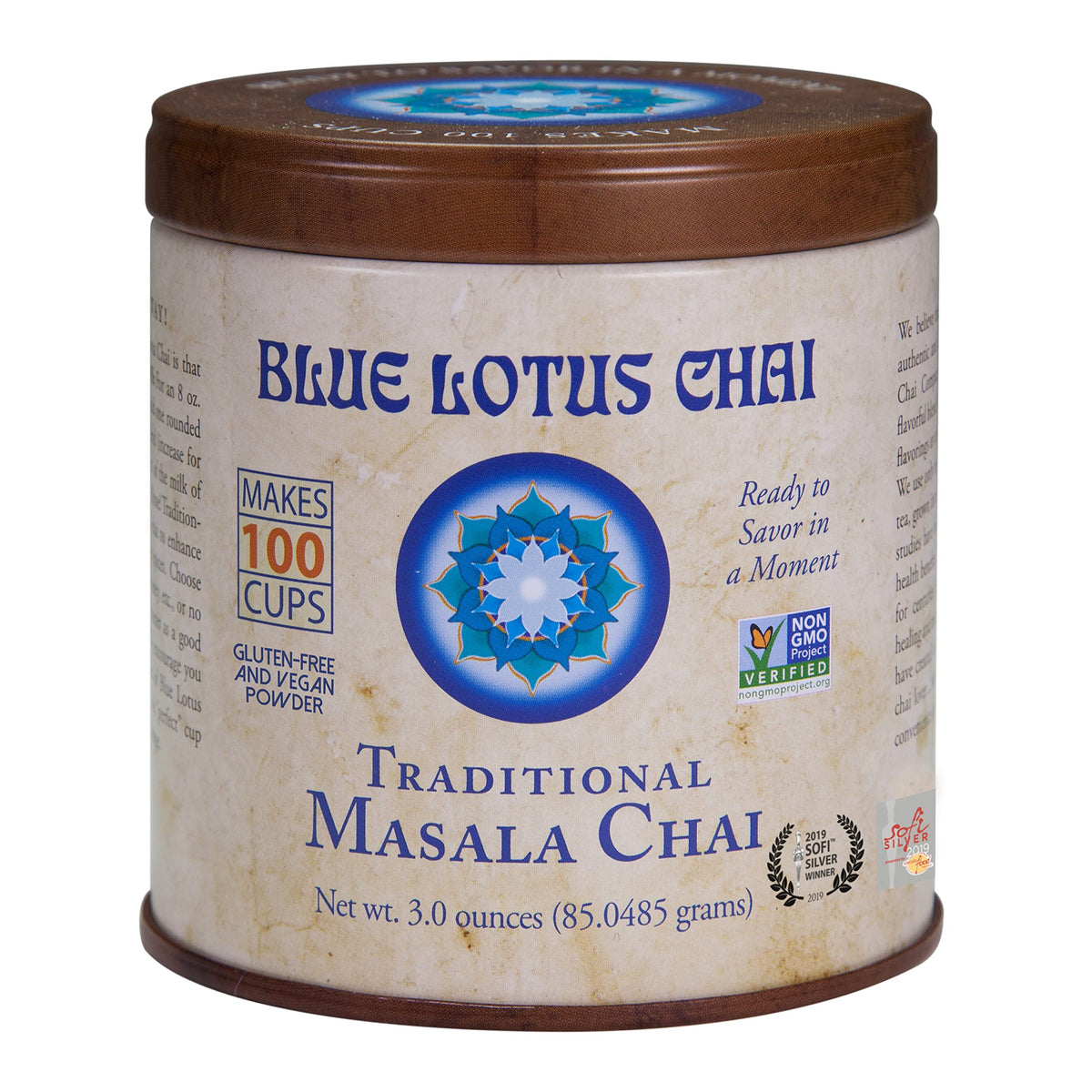 Blue Lotus Chai tin open, ready for quick brewing.