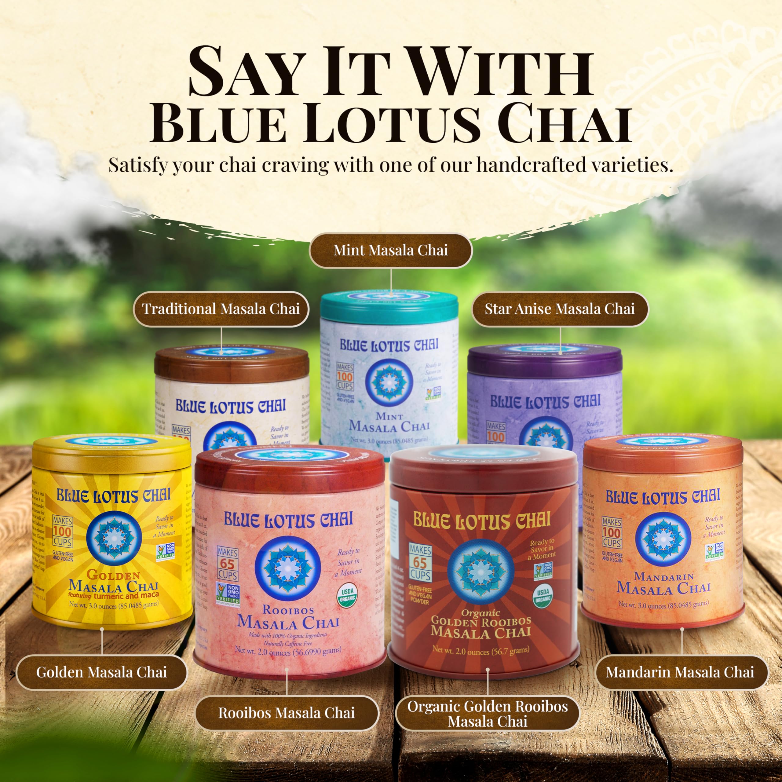 Blue Lotus Chai vegan gluten-free label visible on packaging
