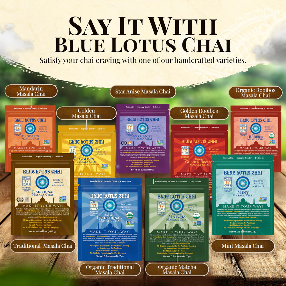 Vegan and gluten-free Blue Lotus Chai label confirms dietary options.