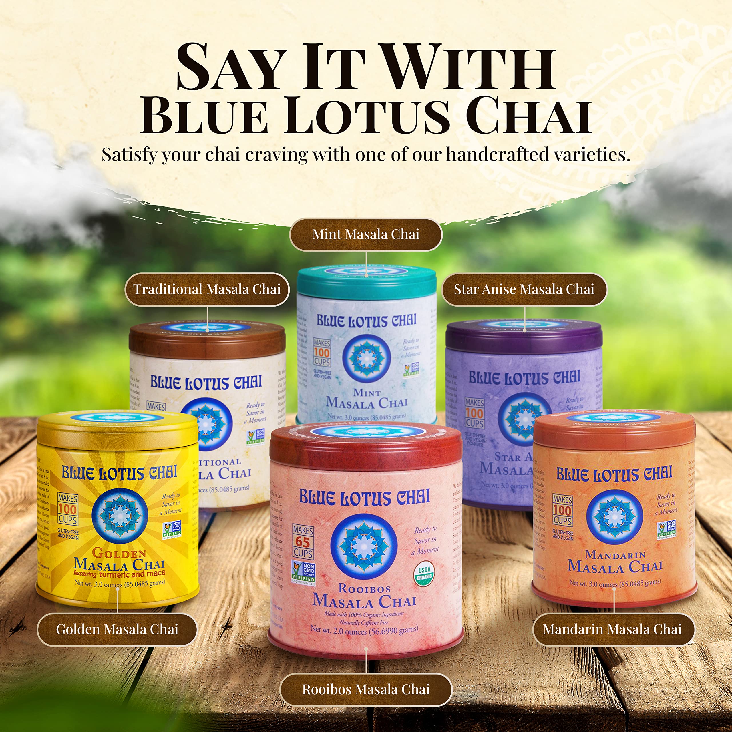 Blue Lotus Chai vegan gluten-free icon indicates inclusive dietary options.