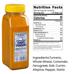Blue Mountain Country Jamaican Curry Powder label front showing authentic warehouse-style design