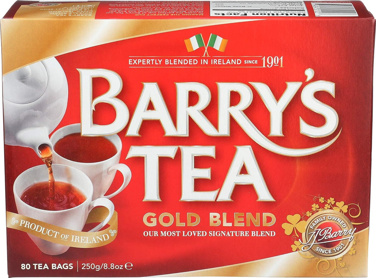 Barry's Gold Blend tea bags in an 80-count box, ideal for mornings