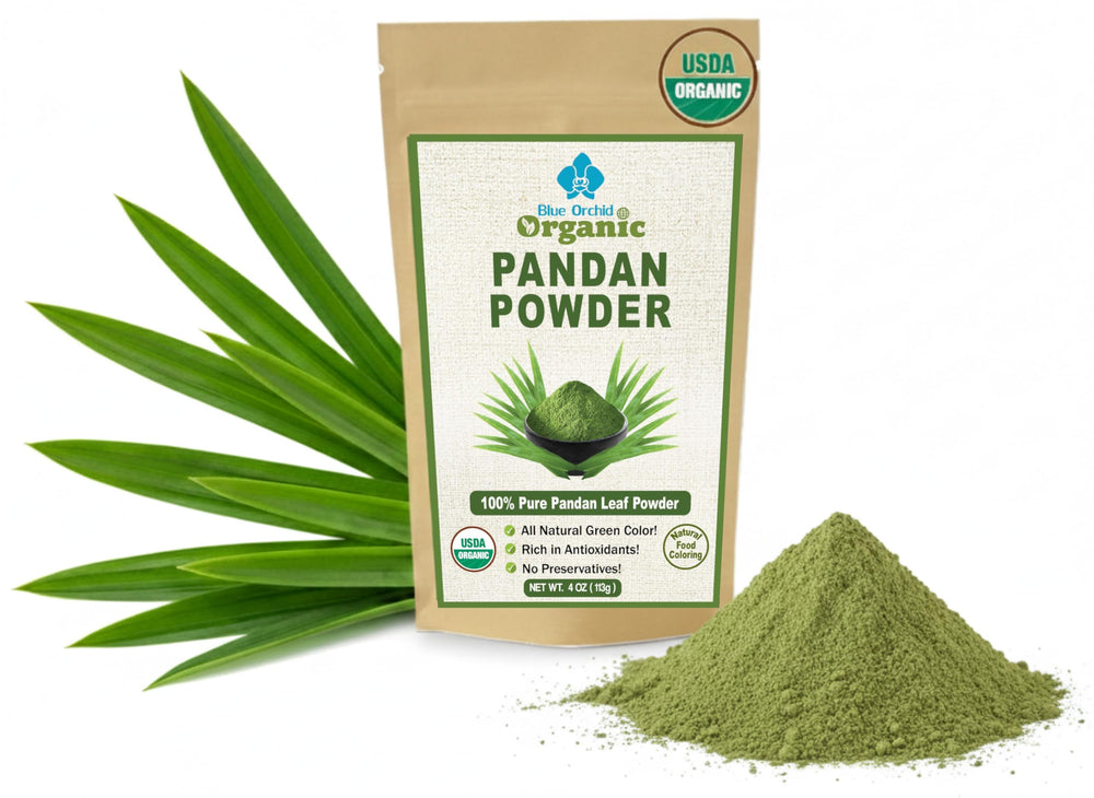 Blue Orchid Organic Pandan Powder jar closeup shows vibrant green color for desserts and drinks