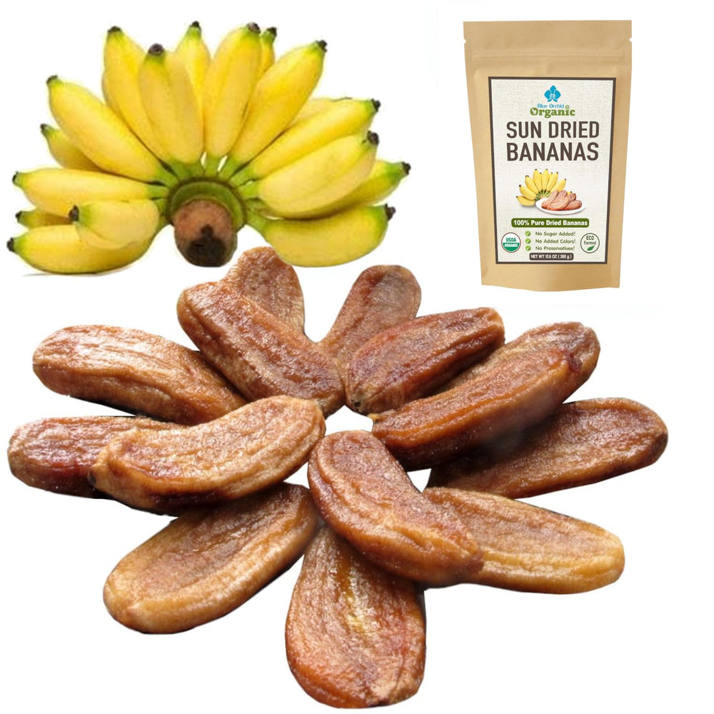 Blue Orchid Organic sun dried bananas packaging with eco-friendly pouch preserves freshness.