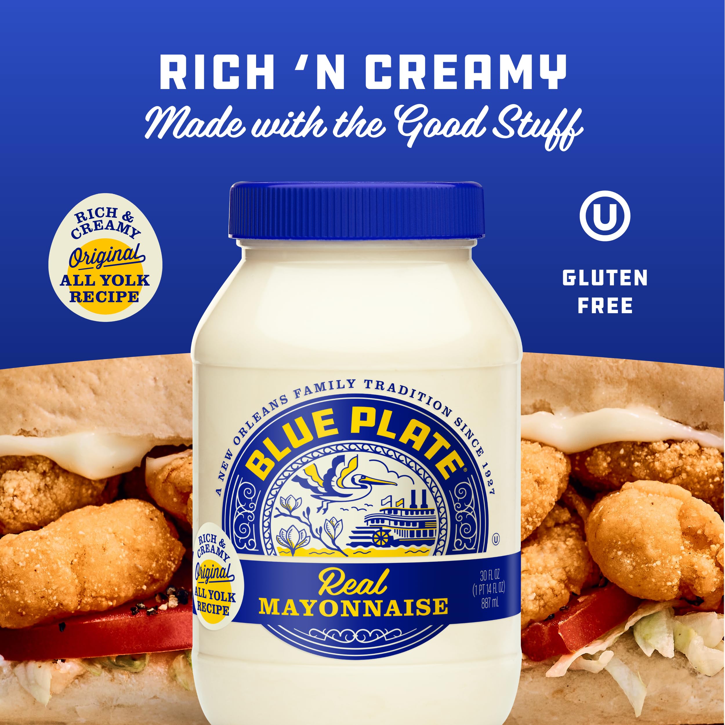 Close-up of Blue Plate Mayo jar label showing authentic recipe.