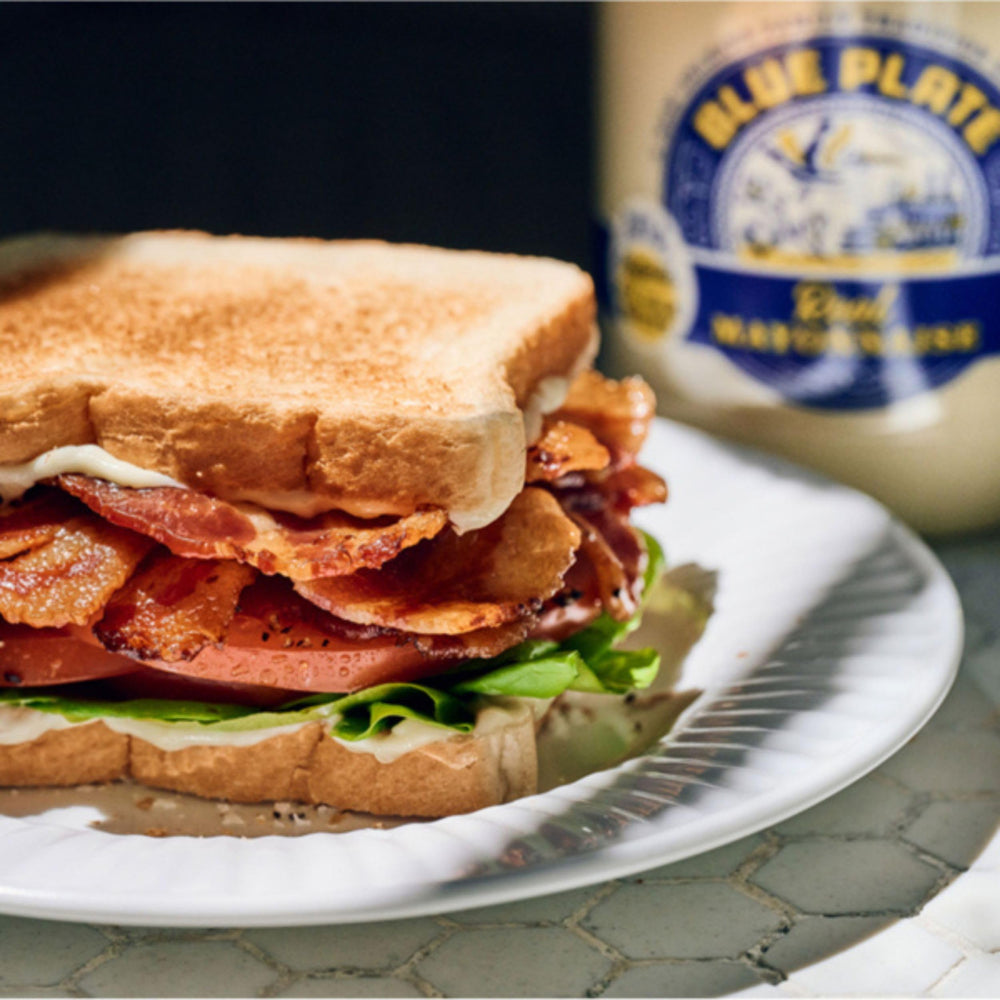 Blue Plate Mayonnaise Burger topping showcases rich, flavorful finish.