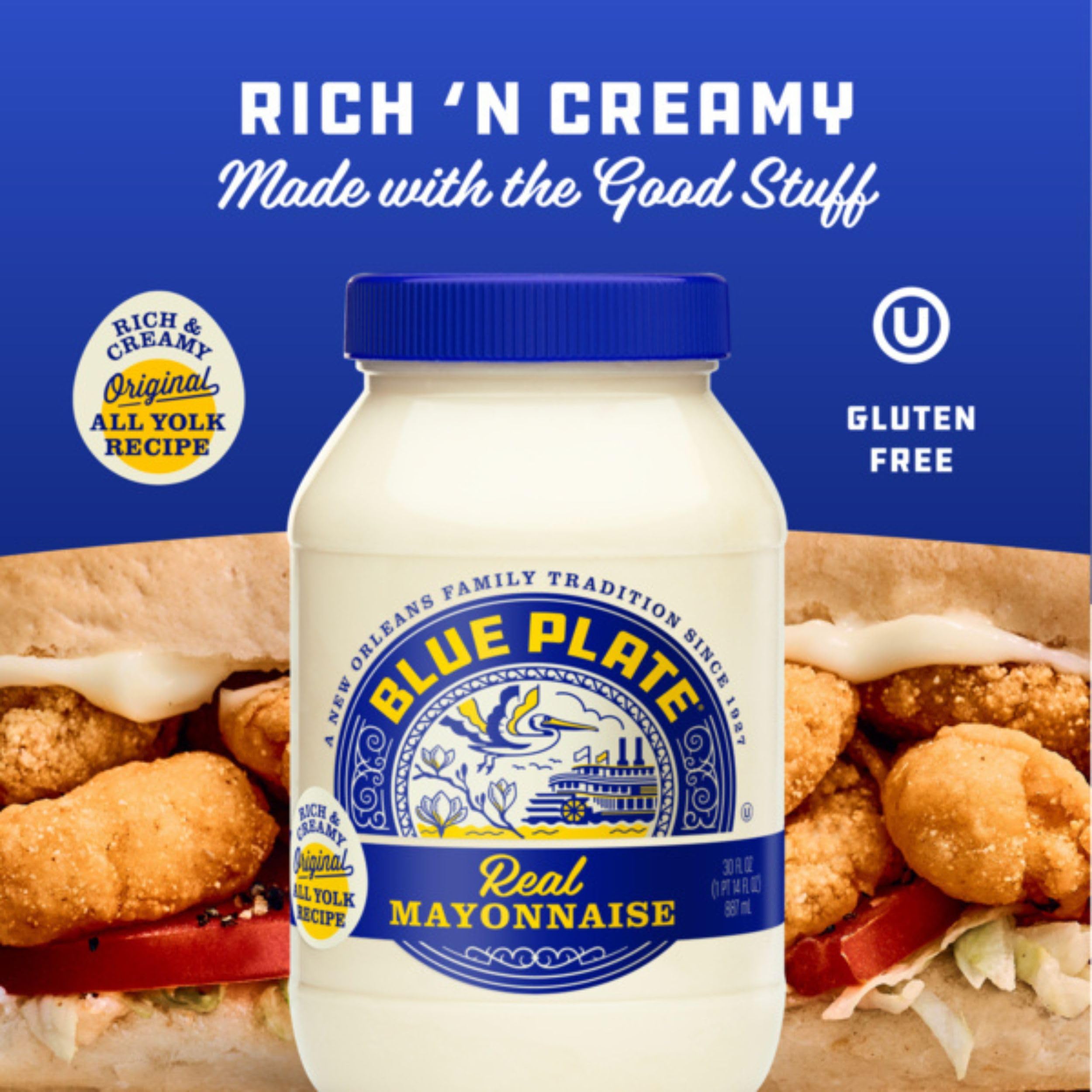 Blue Plate Mayonnaise Potato salad with spread suggests savory, crowd-pleasing addition.