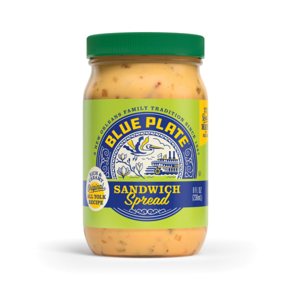 Blue Plate Mayonnaise Sandwich Spread jar front showing classic, versatile flavor for sandwiches.