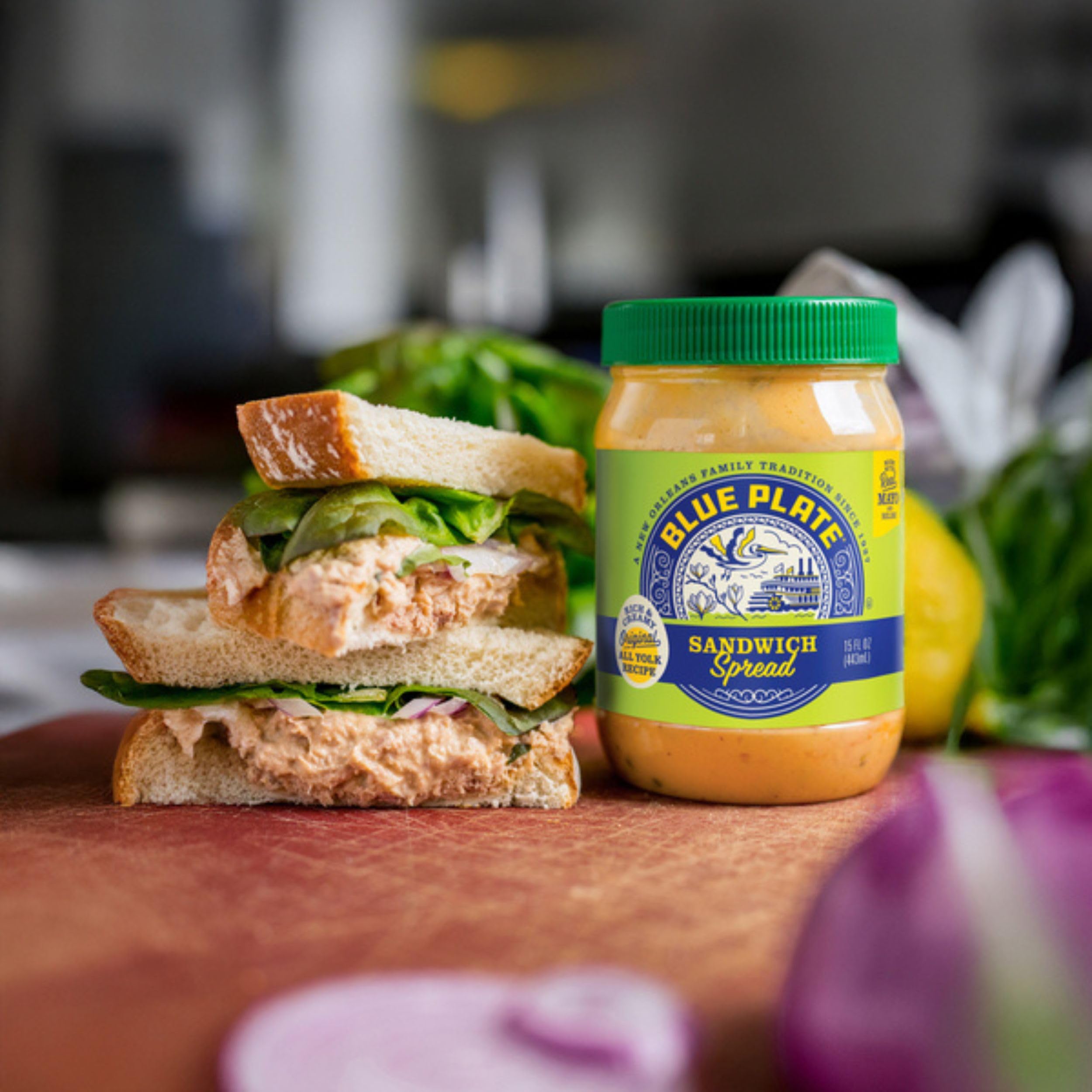 Blue Plate Mayonnaise Sandwich Spread serving sandwich image emphasizing tangy-sweet profile.