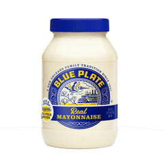 Blue Plate Real Mayonnaise jar, top view, ideal for sandwiches and salads.