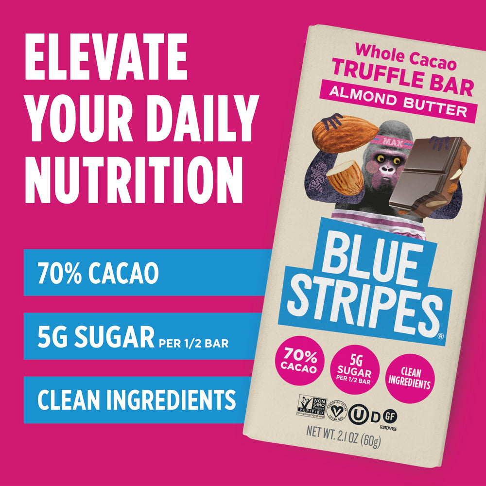 Blue Stripes almond butter-filled bar slice, creamy center and cocoa notes.