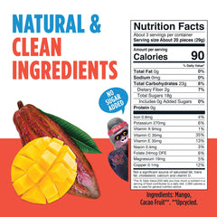 Blue Stripes Cacao Superfruit Gummies closeup shows chewy texture and mango-cacao flavors.