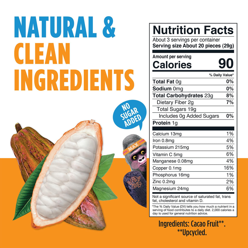 Blue Stripes Cacao Superfruit Gummies close-up shows tropical flavors and chewy texture, satisfying bite.