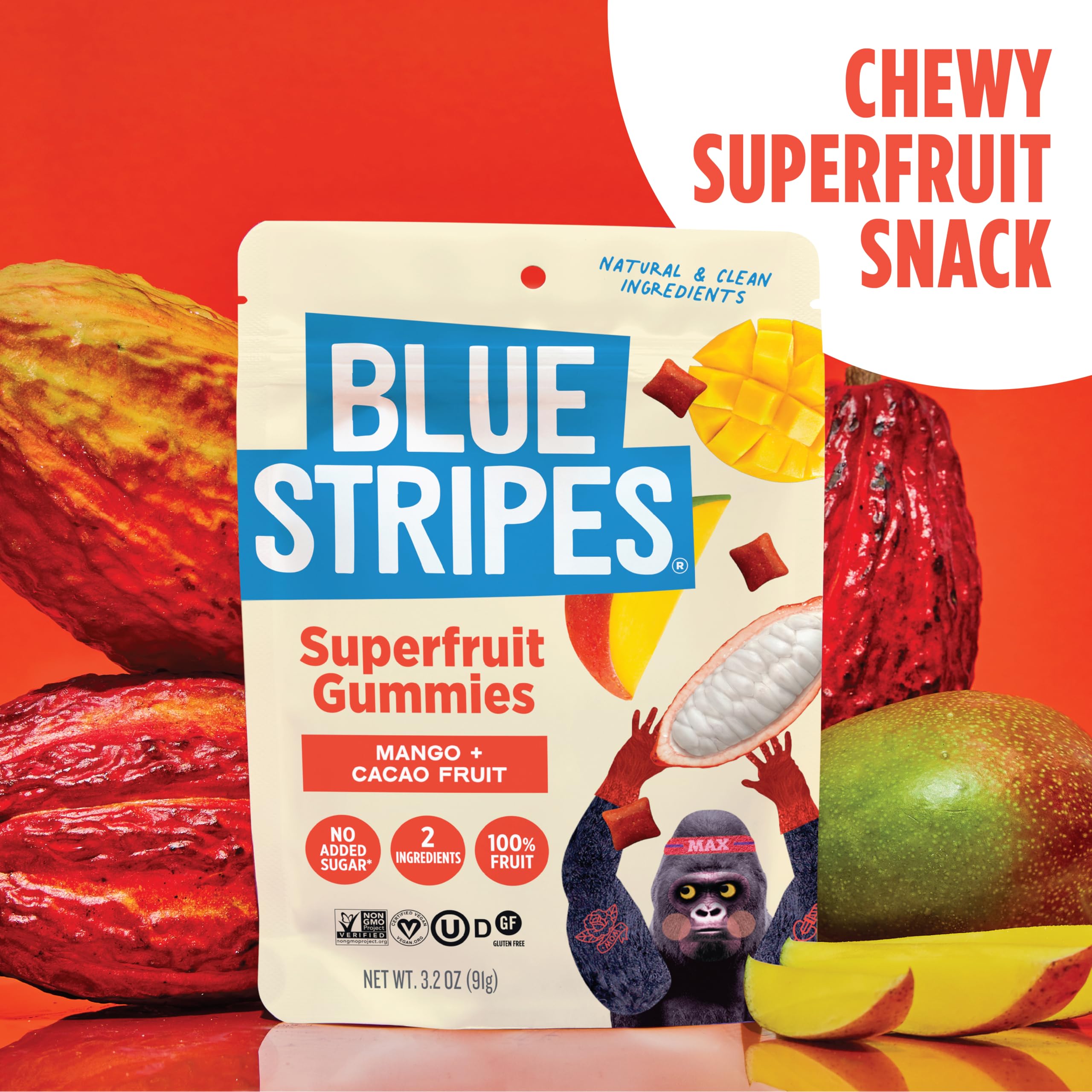 Blue Stripes Cacao Superfruit Gummies ingredients showcase 100% natural mango and cacao superfruit.