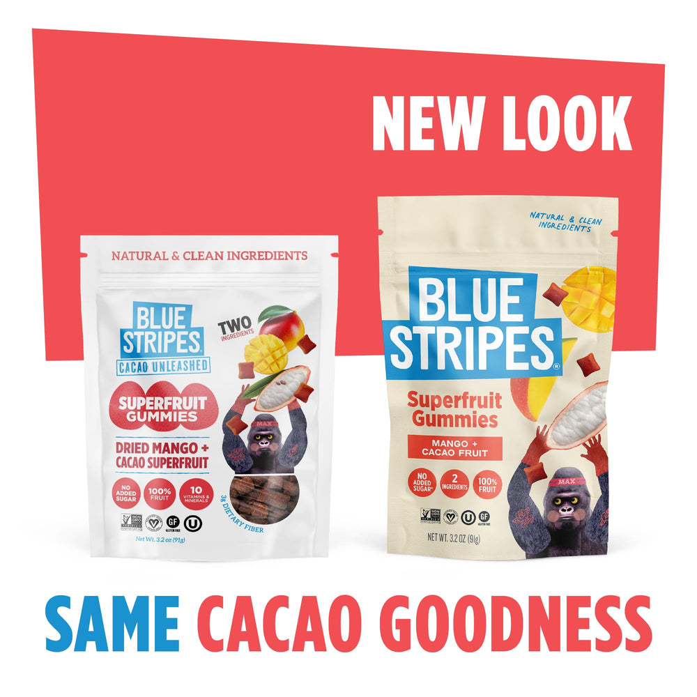 Blue Stripes Cacao Superfruit Gummies mango flavor emphasizes natural tropical fruit sweetness.