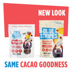 Blue Stripes Cacao Superfruit Gummies mango flavor emphasizes natural tropical fruit sweetness.