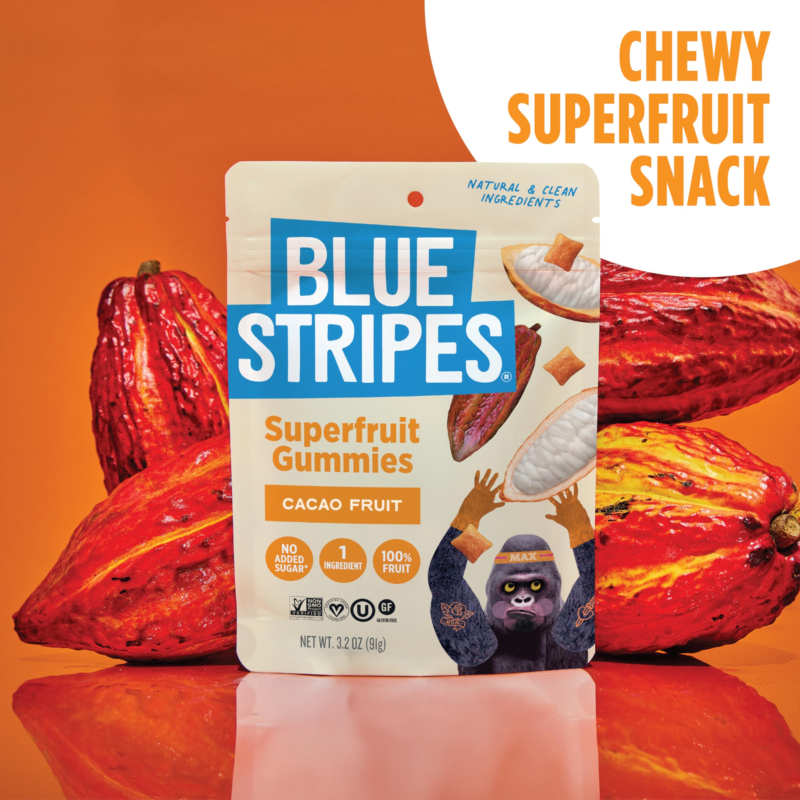 Blue Stripes Cacao Superfruit Gummies vegan label and essential nutrients highlighted.