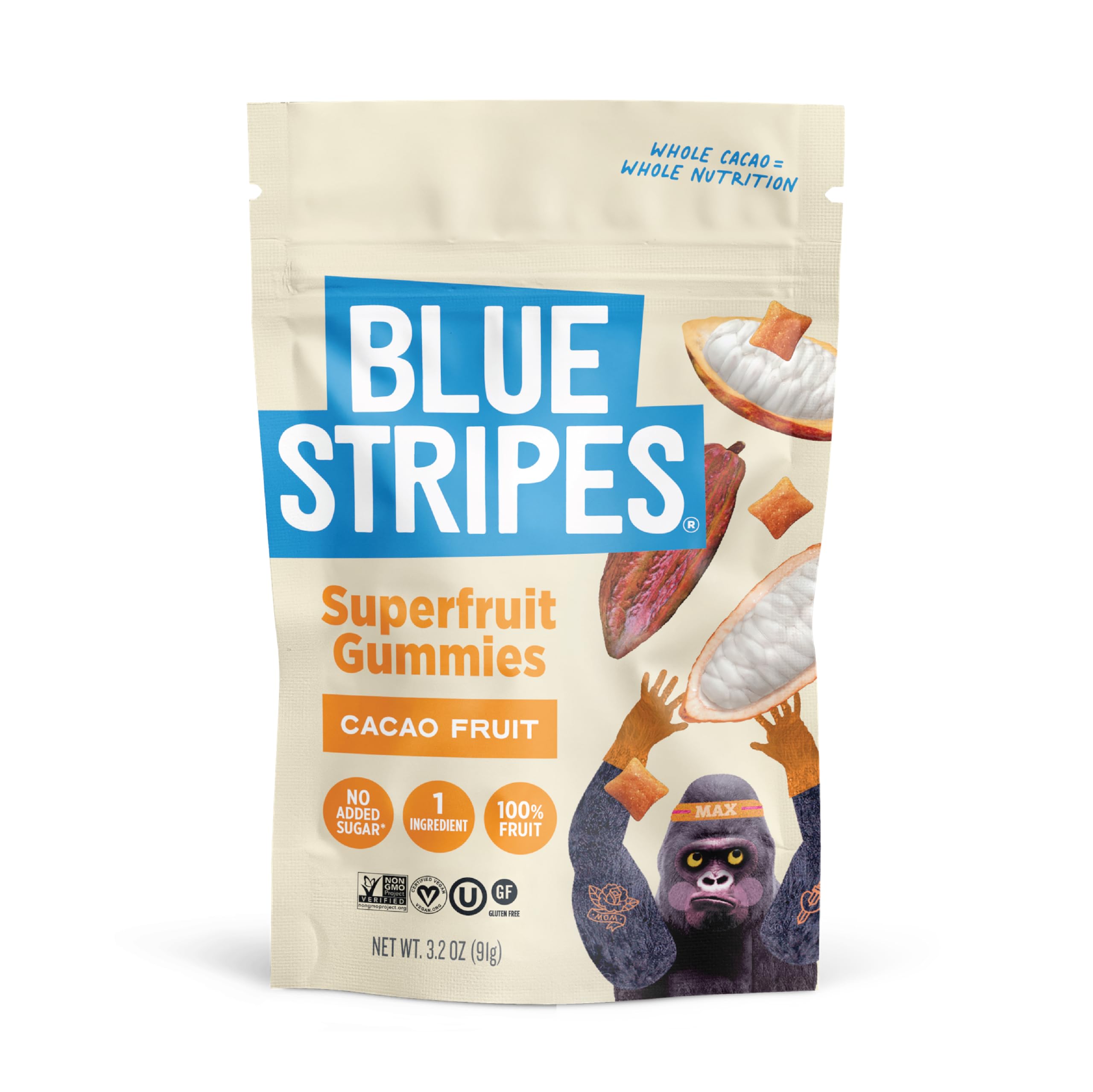Blue Stripes Cacao Superfruit Gummies pack, vegan no added sugar, ideal on-the-go snack.