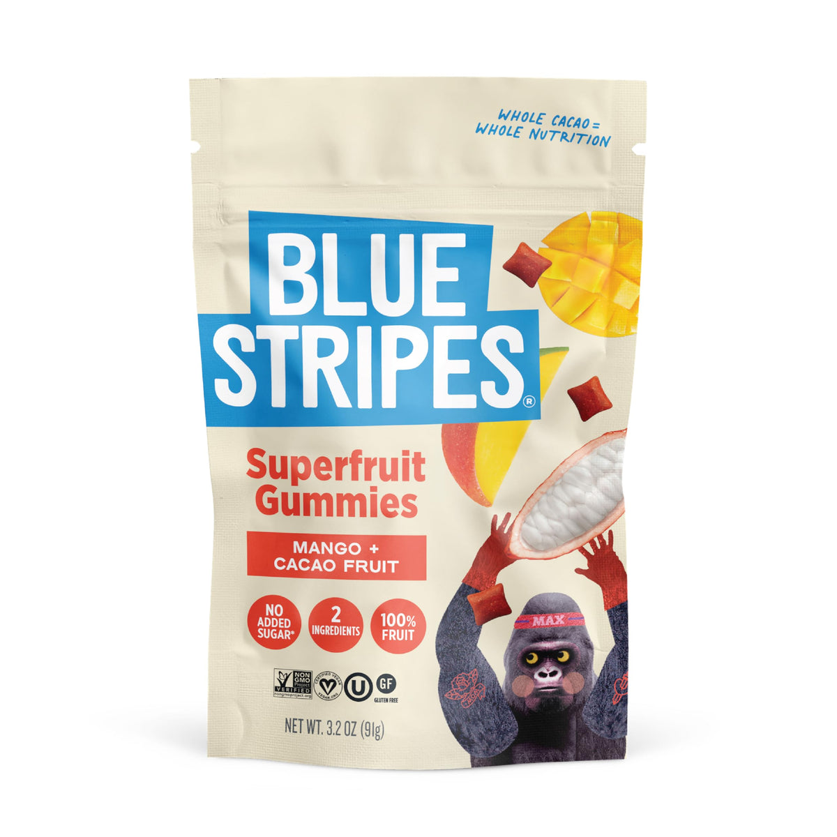 Blue Stripes Cacao Superfruit Gummies packaging highlights a vegan, no added sugar snack option.
