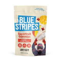 Blue Stripes Cacao Superfruit Gummies packaging highlights a vegan, no added sugar snack option.