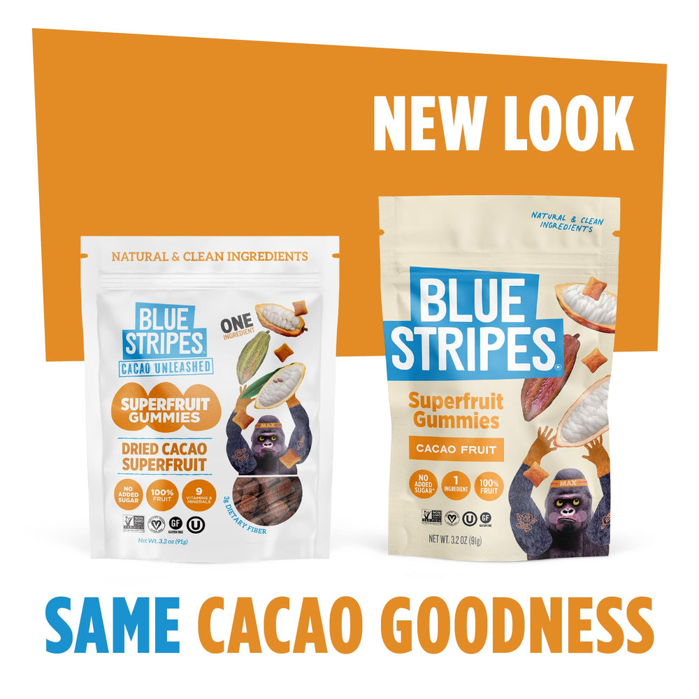 Blue Stripes Cacao Superfruit Gummies in a serving bowl, great for family snacking.