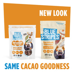 Blue Stripes Cacao Superfruit Gummies in a serving bowl, great for family snacking.