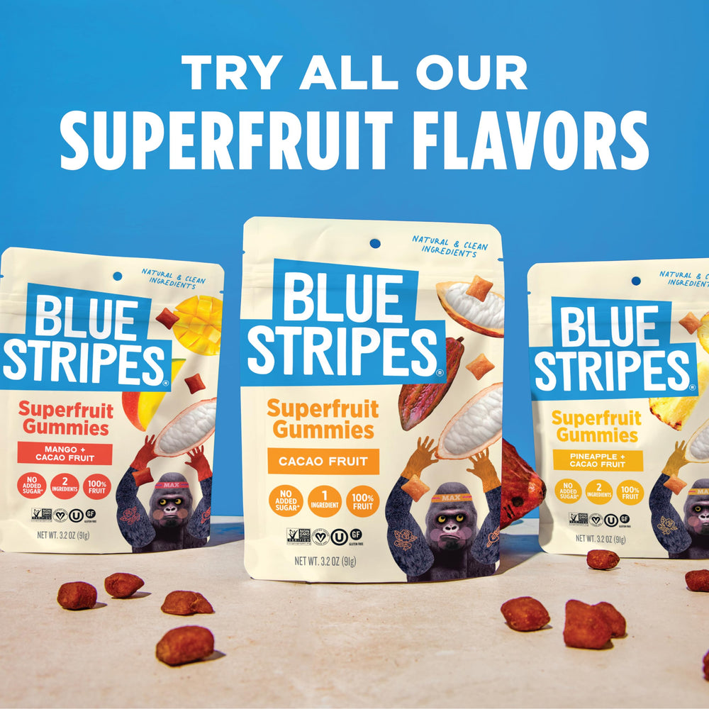 Blue Stripes Cacao Superfruit Gummies healthful, on-the-go option with 9 vitamins.