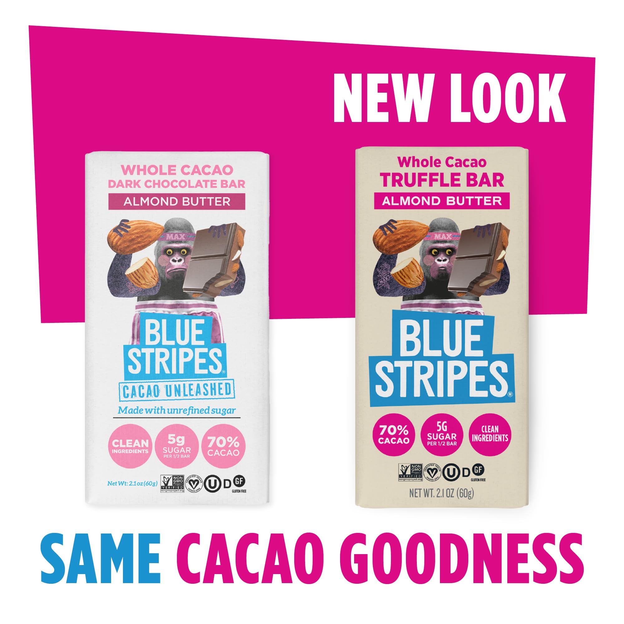 Blue Stripes dark chocolate texture with almond butter center.