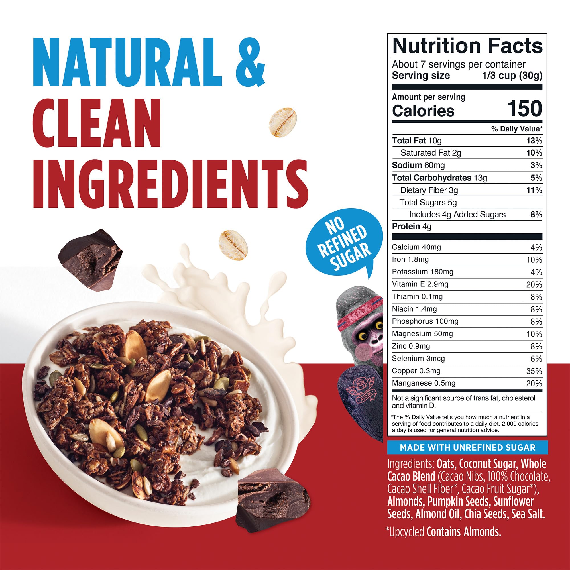 Blue Stripes Dark Chocolate Granola close-up shows crunchy cacao bits