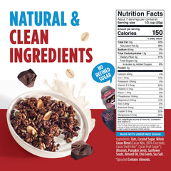 Blue Stripes Dark Chocolate Granola close-up shows crunchy cacao bits