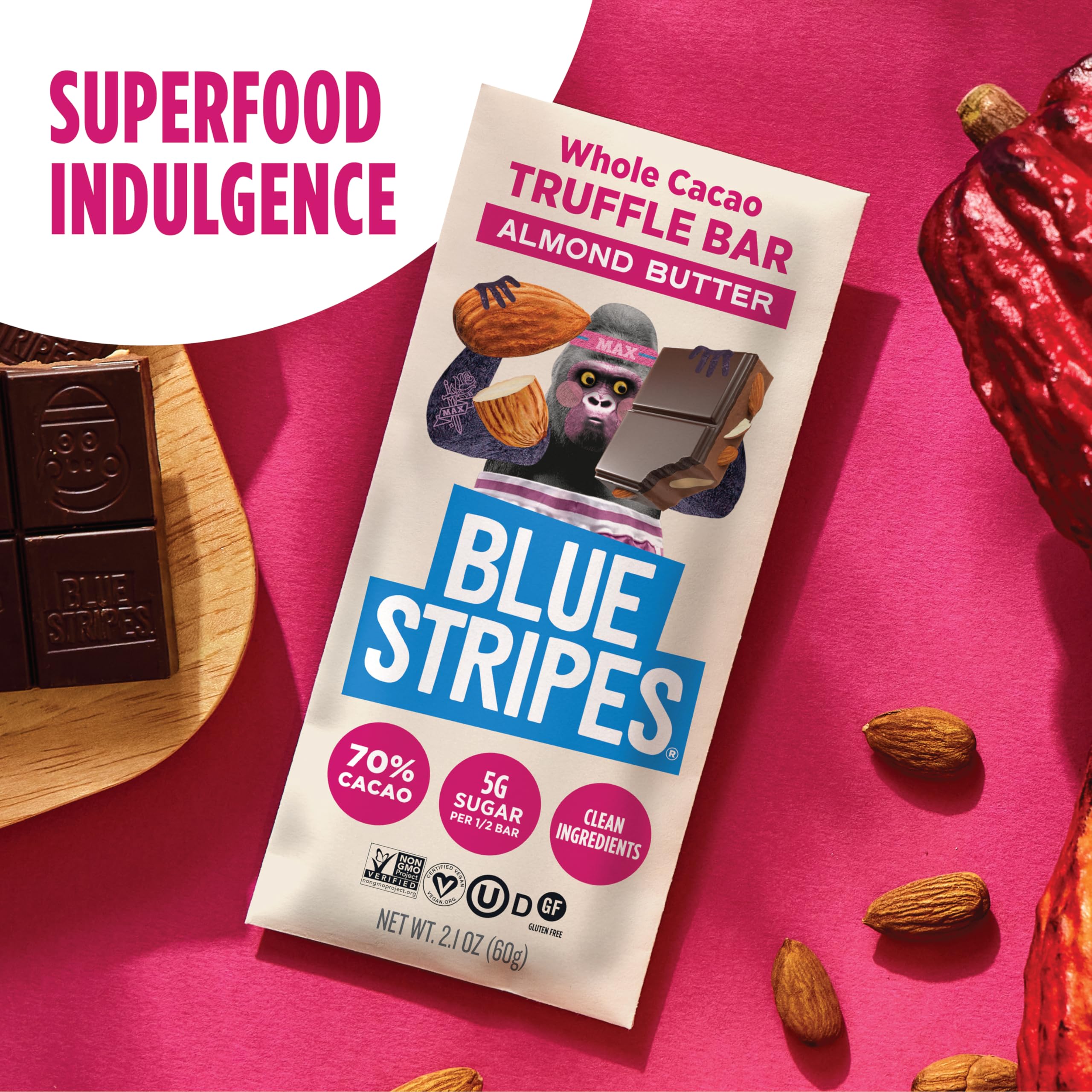 Blue Stripes gluten-free chocolate bar, dairy-free indulgence.