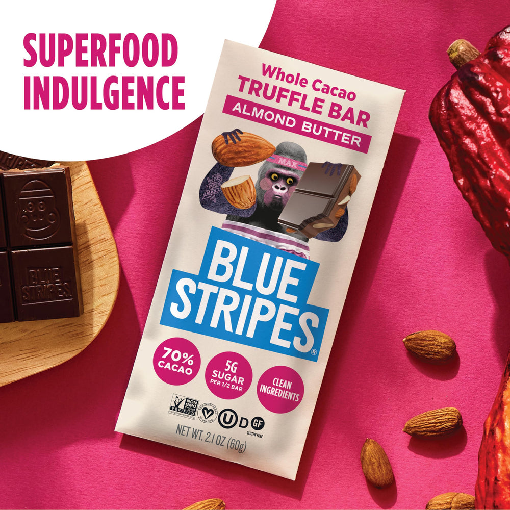 Blue Stripes gluten-free chocolate bar, dairy-free indulgence.