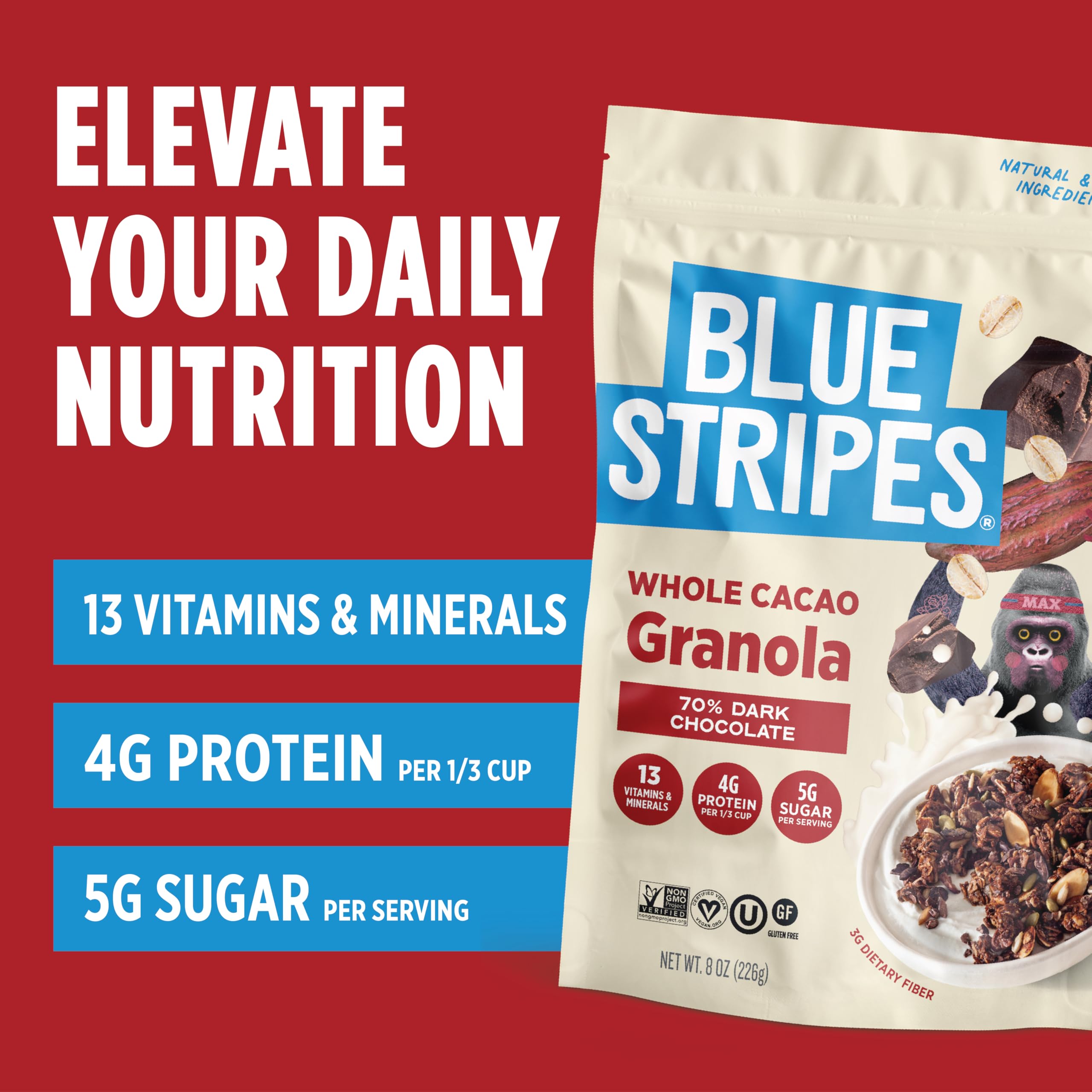 Blue Stripes Gluten-free pouch emphasizes sugar-conscious snacking
