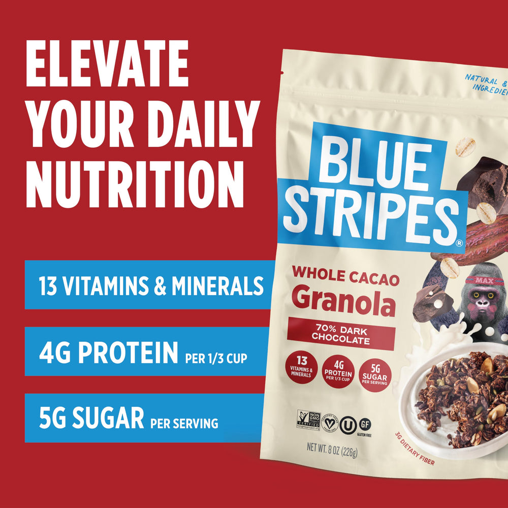 Blue Stripes Gluten-free pouch emphasizes sugar-conscious snacking