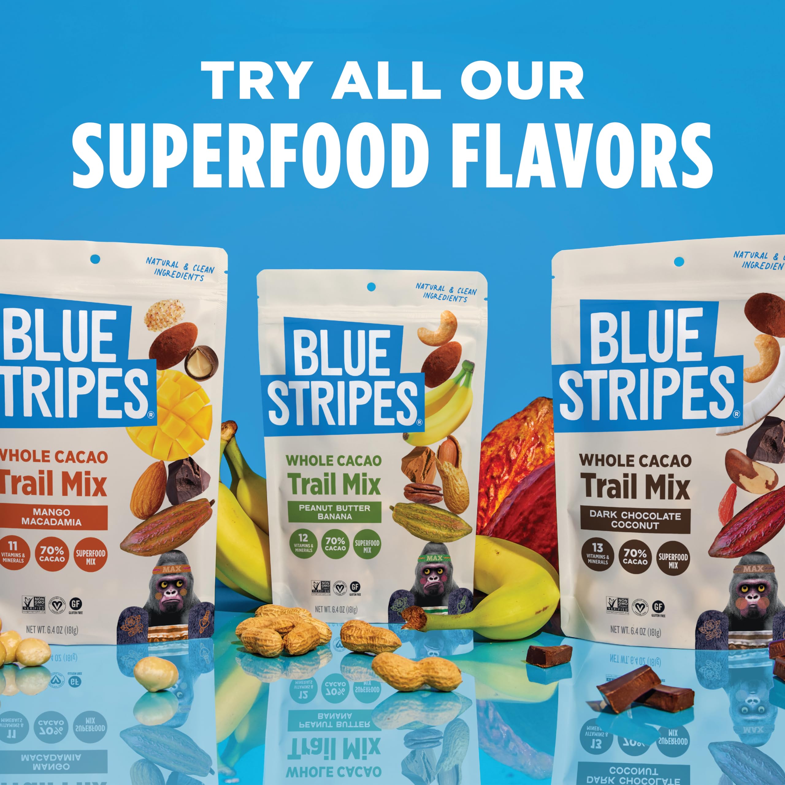 Blue Stripes mixed ingredients emphasize gluten-free, non-GMO vegan options.
