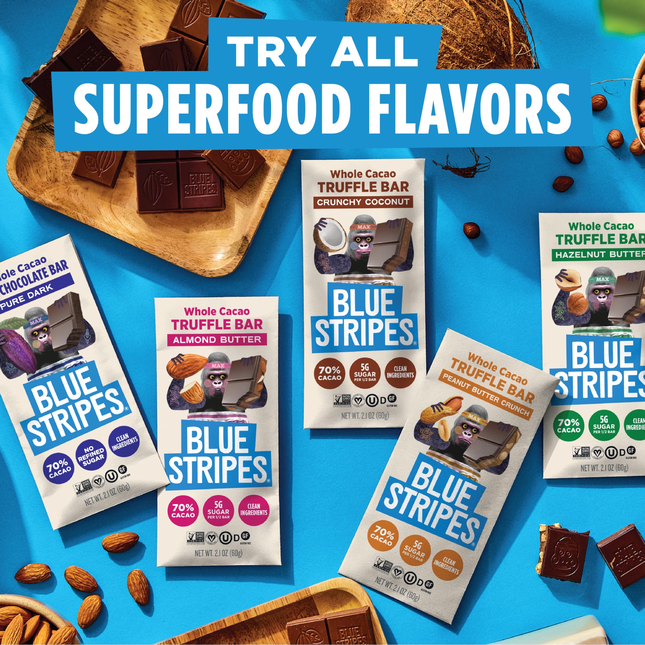 Blue Stripes on-the-go snack with sustainable cacao sourcing.