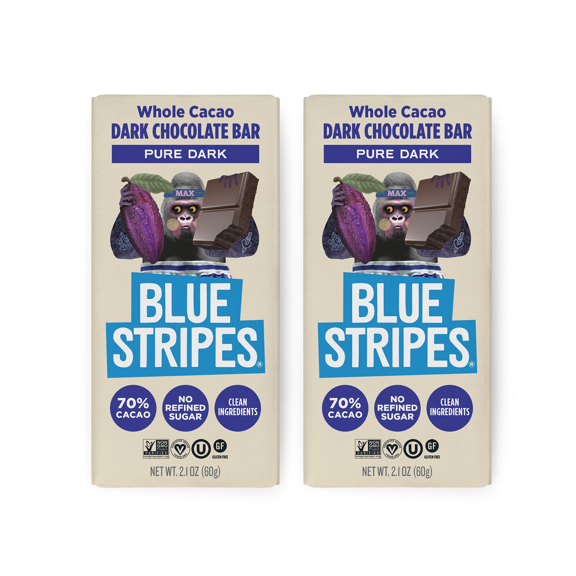 Blue Stripes pure dark cacao bar 70% close-up, ideal for mindful snacking.