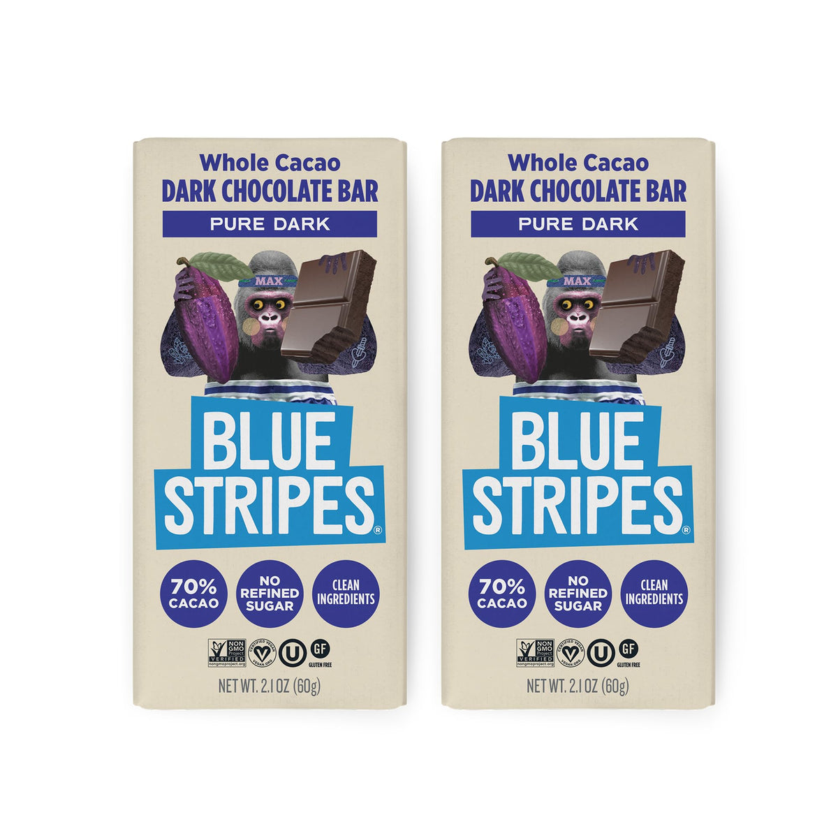 Blue Stripes pure dark cacao bar 70% close-up, ideal for mindful snacking.