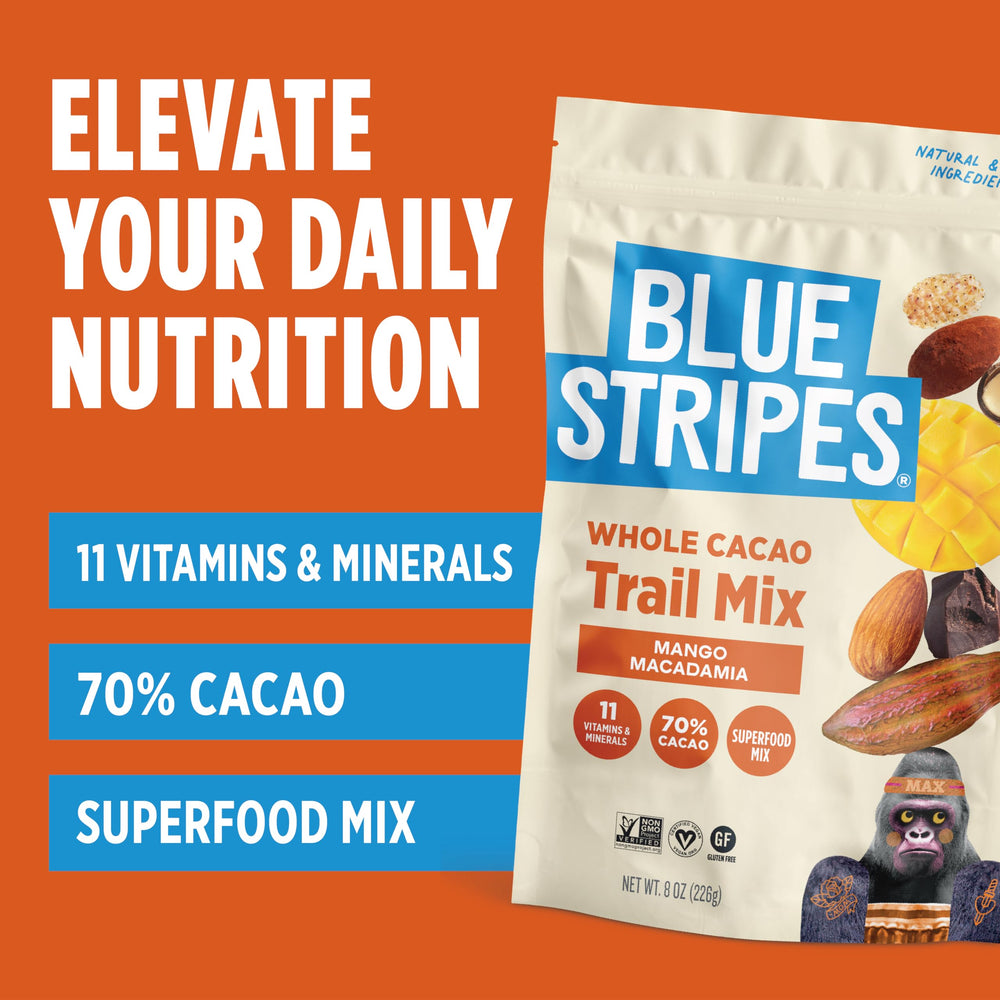 Blue Stripes Trail Mix mango bites bring fruity sweetness to the mix.