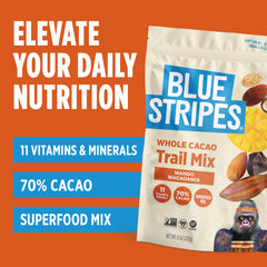 Blue Stripes Trail Mix mango bites bring fruity sweetness to the mix.