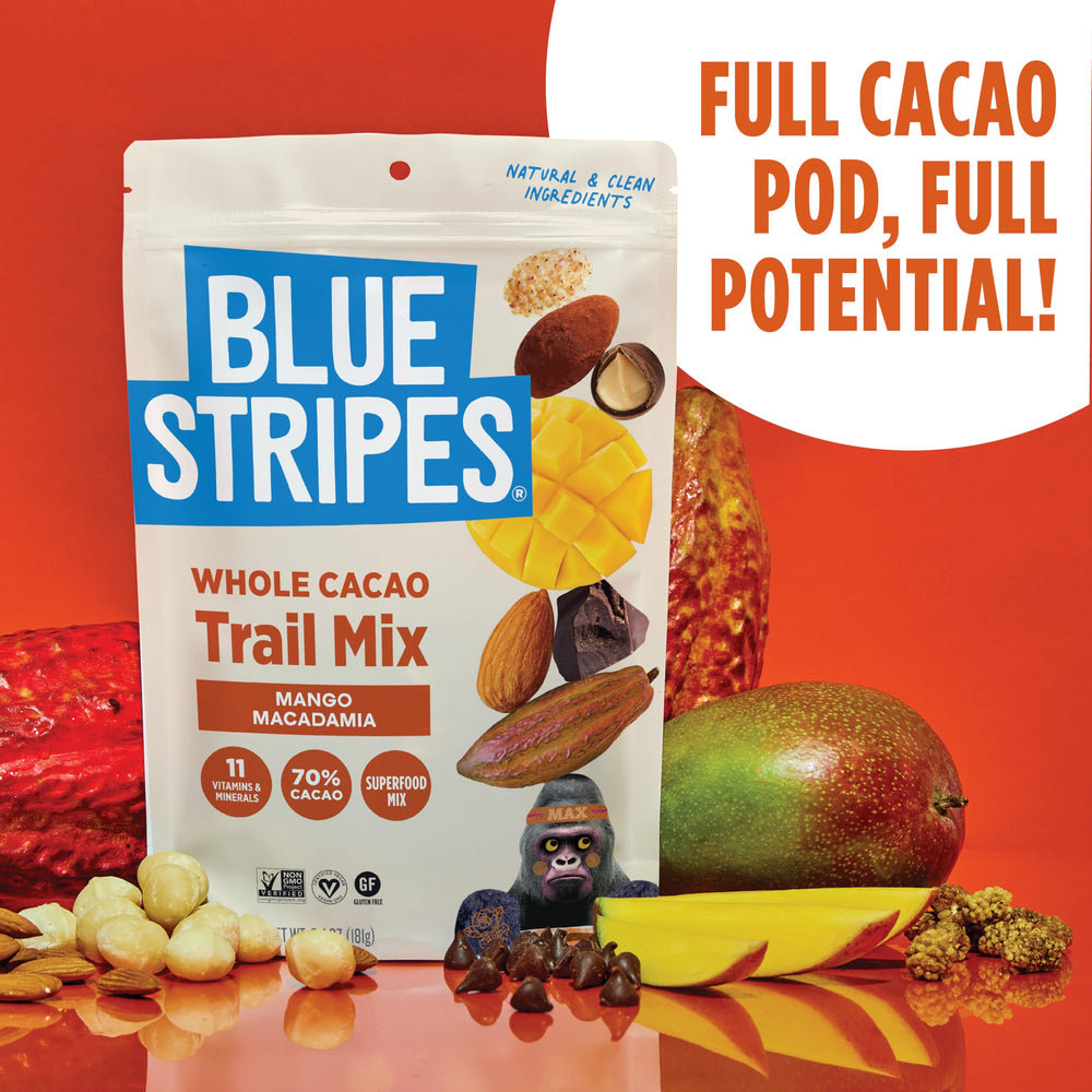 Blue Stripes Trail Mix upcycled cacao pod concept supports sustainability.