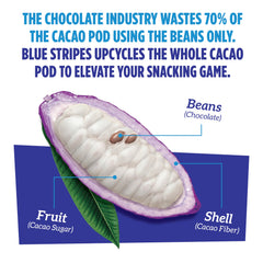Blue Stripes upcycled whole cacao pod packaging, supporting sustainability and fair farming.