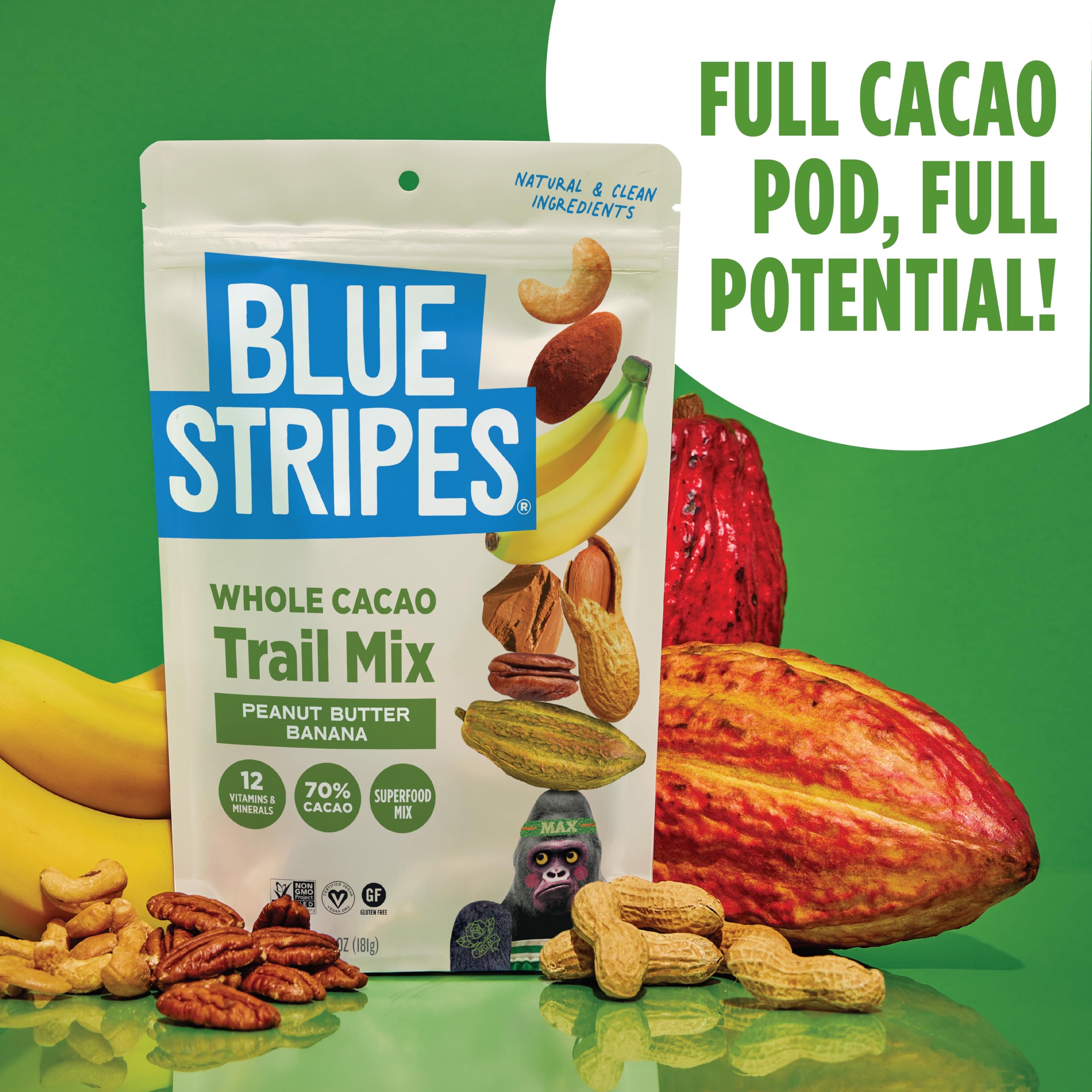 Blue Stripes whole cacao pod upcycling highlights sustainable snacking.