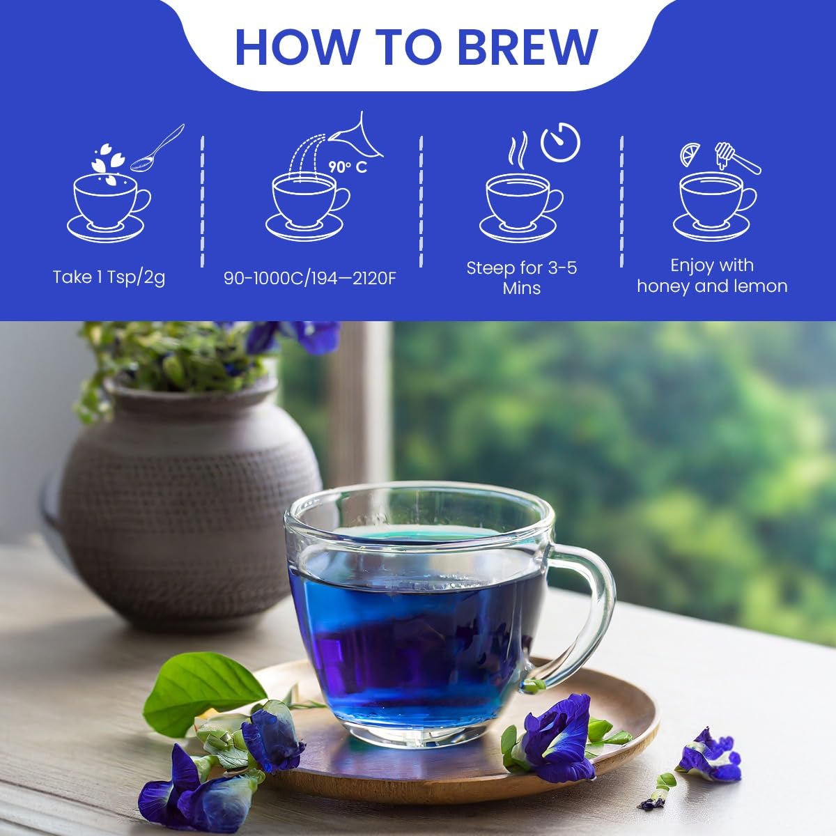 Blue Tea Butterfly Pea Flower Tea antioxidant rich label on packaging