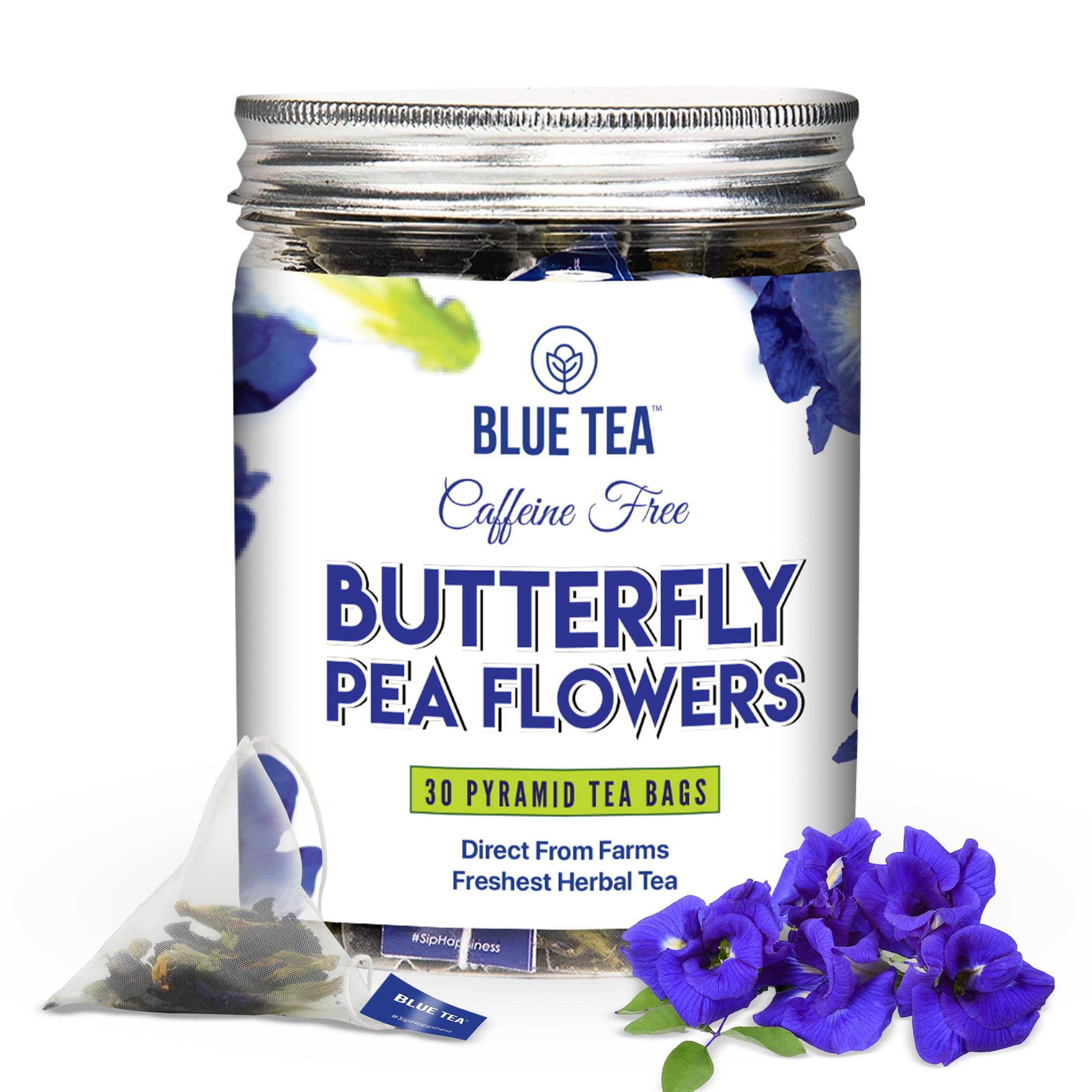 BLUE TEA butterfly pea flower tea bags close-up for a caffeine-free relaxing ritual.