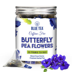 BLUE TEA butterfly pea flower tea bags close-up for a caffeine-free relaxing ritual.