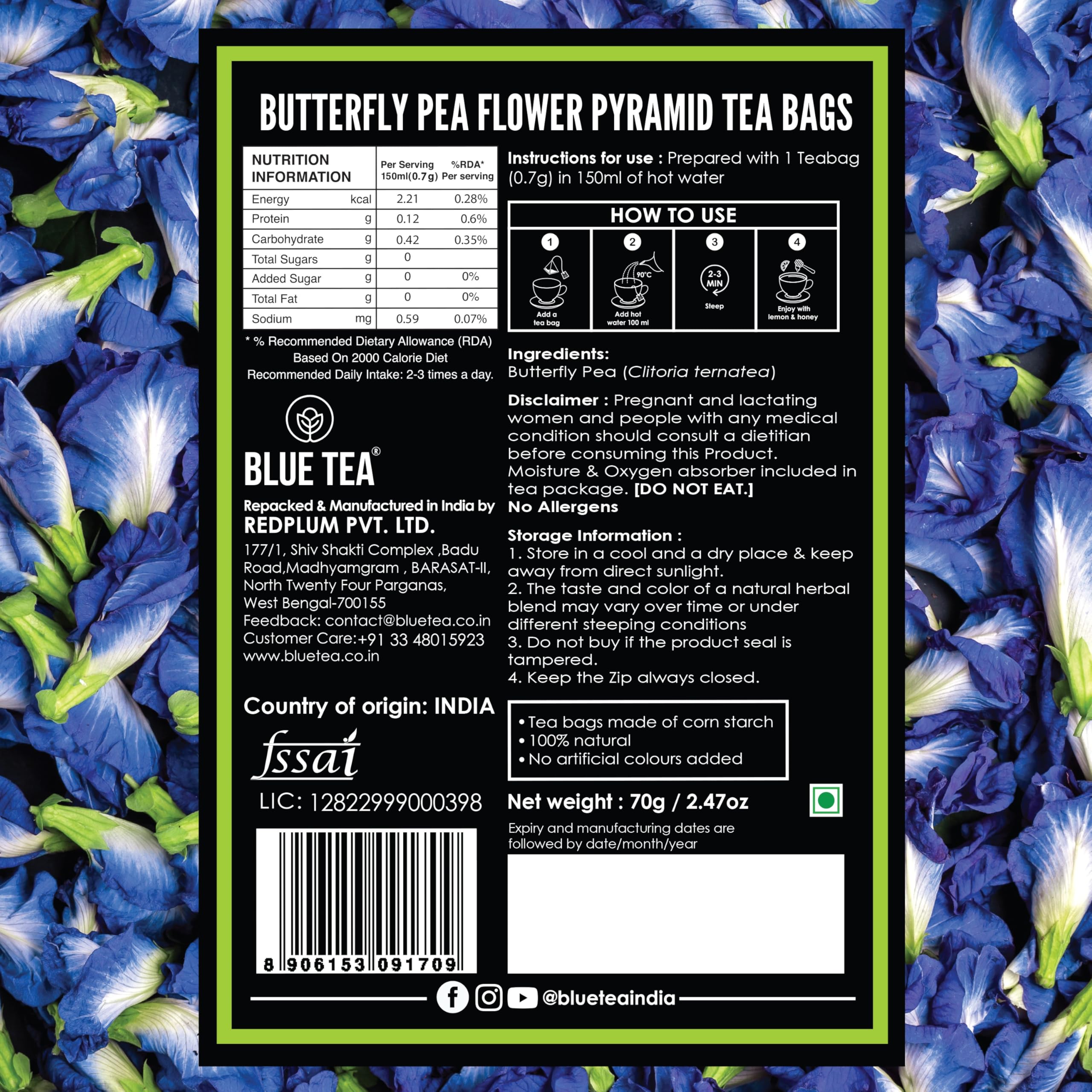 BLUE TEA Butterfly Pea Flower Tea color-change brew with vivid hue