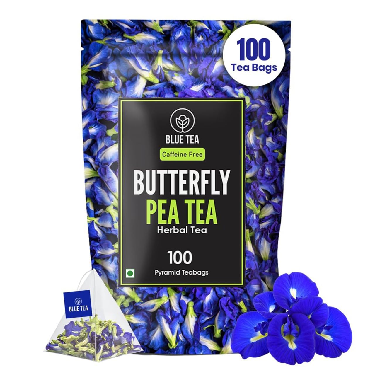 BLUE TEA Butterfly Pea Flower Tea bag front view showing brand packaging and freshness