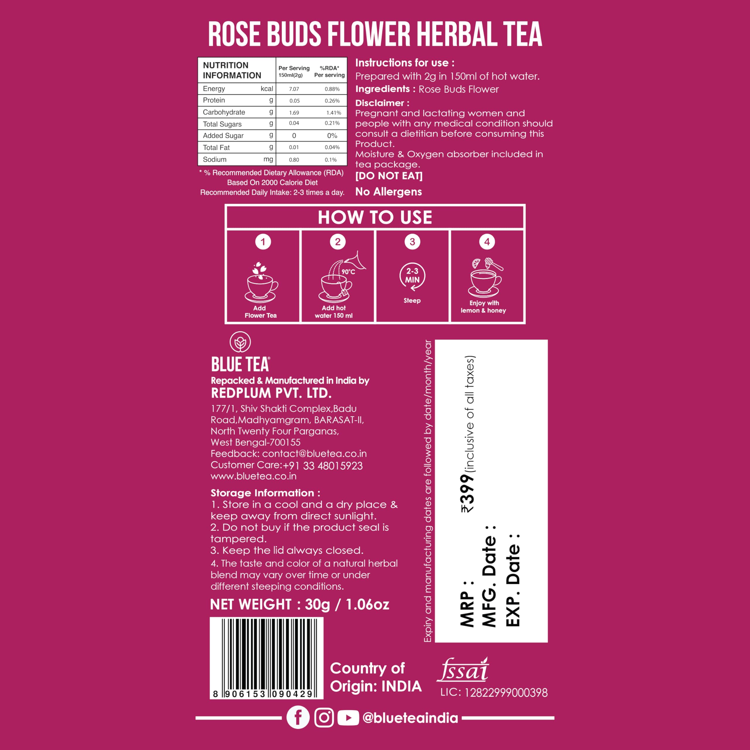BLUE TEA Rose Buds morning ritual suggests calm caffeine-free enjoyment.