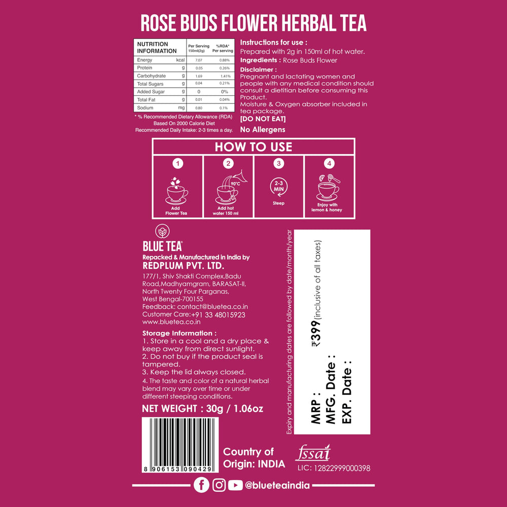 BLUE TEA Rose Buds morning ritual suggests calm caffeine-free enjoyment.